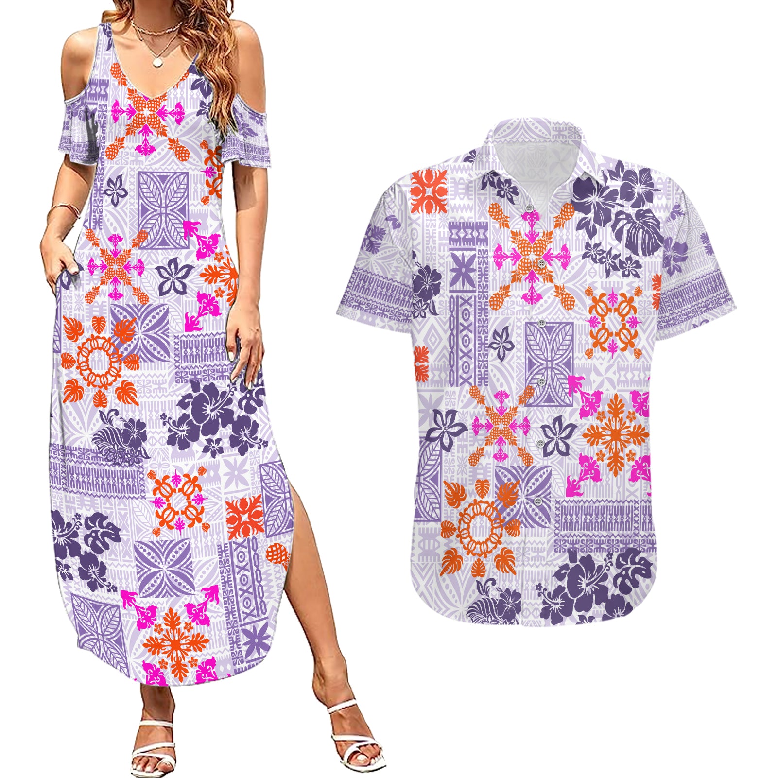 Hawaii Tapa Tribal Couples Matching Summer Maxi Dress and Hawaiian Shirt With Hawaiian Quilt Pattern Violet LT9 - Wonder Print Shop