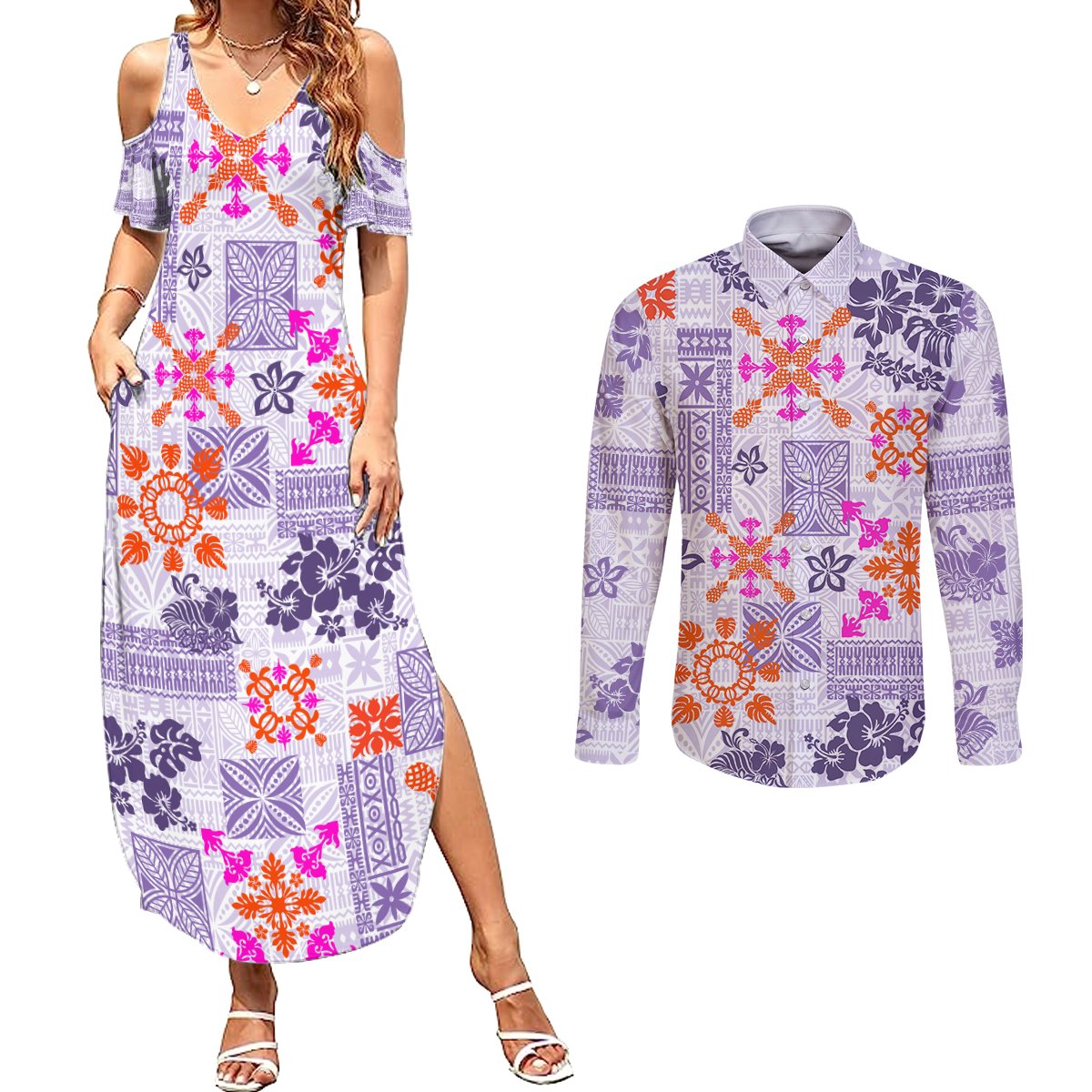 Hawaii Tapa Tribal Couples Matching Summer Maxi Dress and Long Sleeve Button Shirt With Hawaiian Quilt Pattern Violet LT9 - Wonder Print Shop
