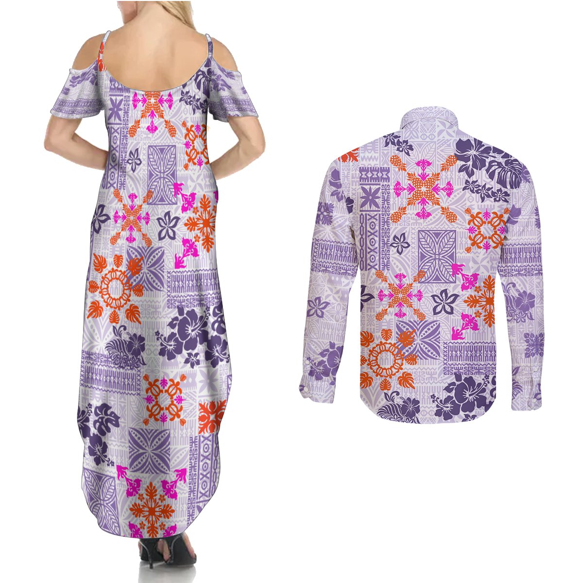 Hawaii Tapa Tribal Couples Matching Summer Maxi Dress and Long Sleeve Button Shirt With Hawaiian Quilt Pattern Violet LT9 - Wonder Print Shop
