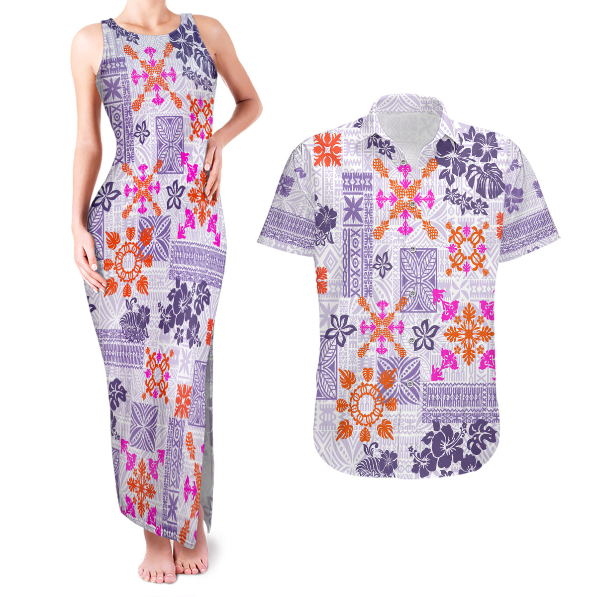 Hawaii Tapa Tribal Couples Matching Tank Maxi Dress and Hawaiian Shirt With Hawaiian Quilt Pattern Violet LT9 - Wonder Print Shop
