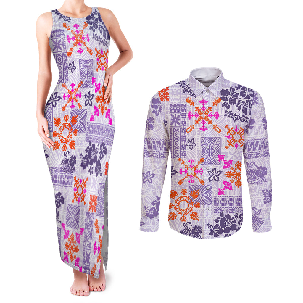 Hawaii Tapa Tribal Couples Matching Tank Maxi Dress and Long Sleeve Button Shirt With Hawaiian Quilt Pattern Violet LT9 - Wonder Print Shop