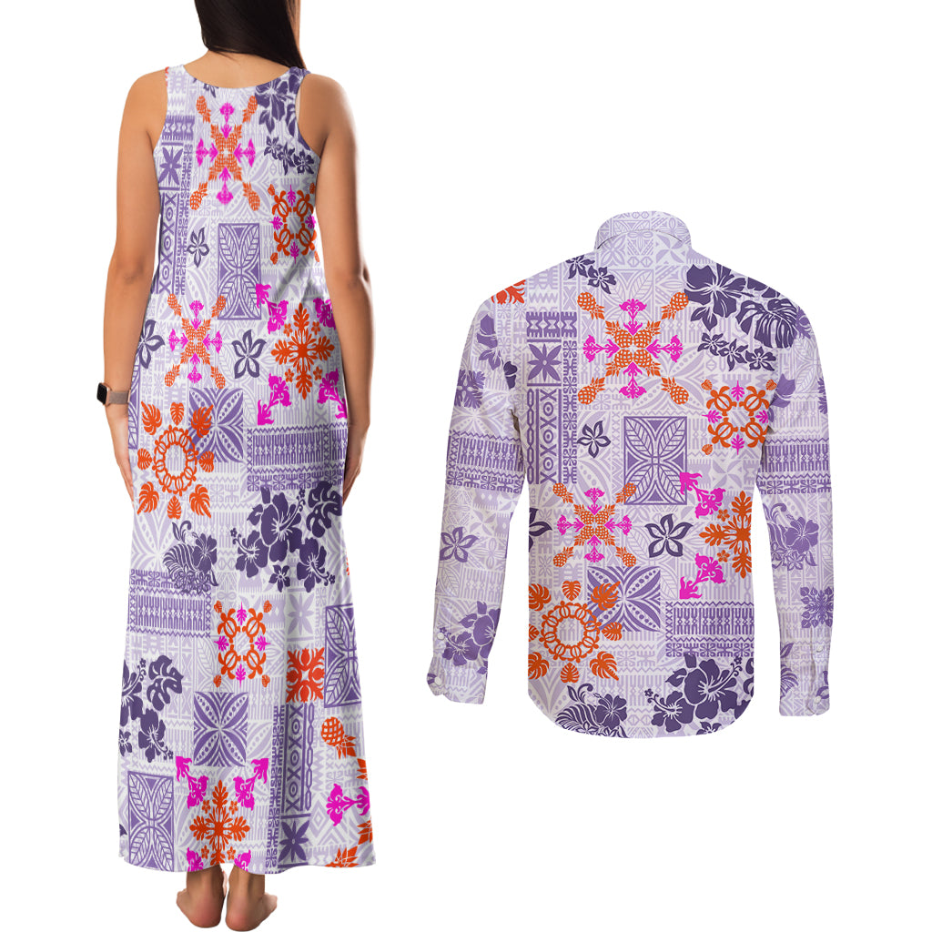 Hawaii Tapa Tribal Couples Matching Tank Maxi Dress and Long Sleeve Button Shirt With Hawaiian Quilt Pattern Violet LT9 - Wonder Print Shop