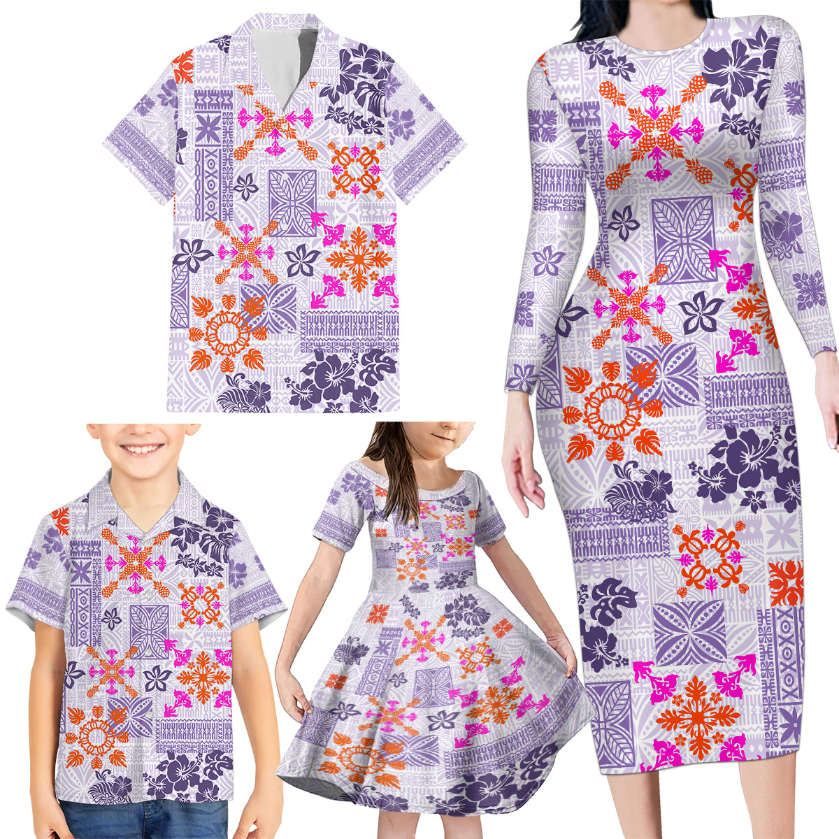 Hawaii Tapa Tribal Family Matching Long Sleeve Bodycon Dress and Hawaiian Shirt With Hawaiian Quilt Pattern Violet LT9 - Wonder Print Shop
