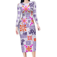 Hawaii Tapa Tribal Family Matching Long Sleeve Bodycon Dress and Hawaiian Shirt With Hawaiian Quilt Pattern Violet LT9 - Wonder Print Shop
