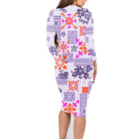 Hawaii Tapa Tribal Family Matching Long Sleeve Bodycon Dress and Hawaiian Shirt With Hawaiian Quilt Pattern Violet LT9 - Wonder Print Shop