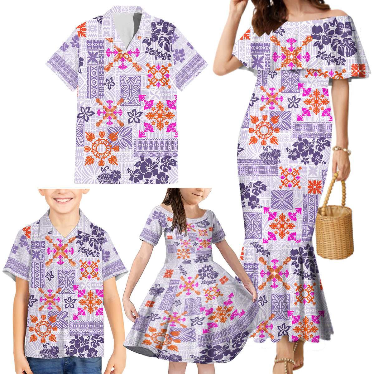 Hawaii Tapa Tribal Family Matching Mermaid Dress and Hawaiian Shirt With Hawaiian Quilt Pattern Violet LT9 - Wonder Print Shop
