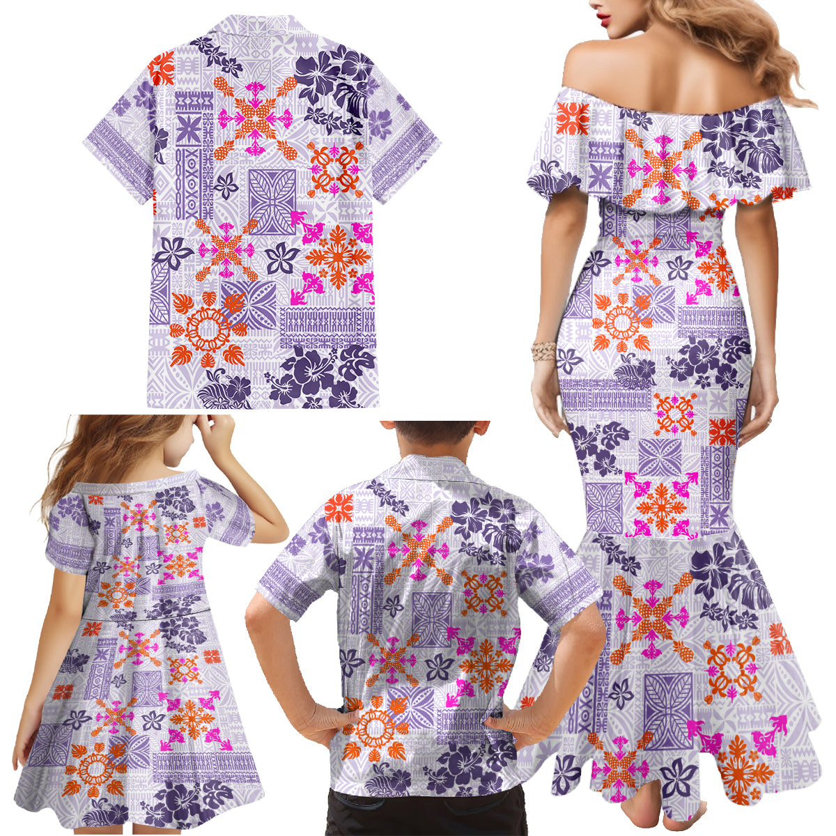 Hawaii Tapa Tribal Family Matching Mermaid Dress and Hawaiian Shirt With Hawaiian Quilt Pattern Violet LT9 - Wonder Print Shop