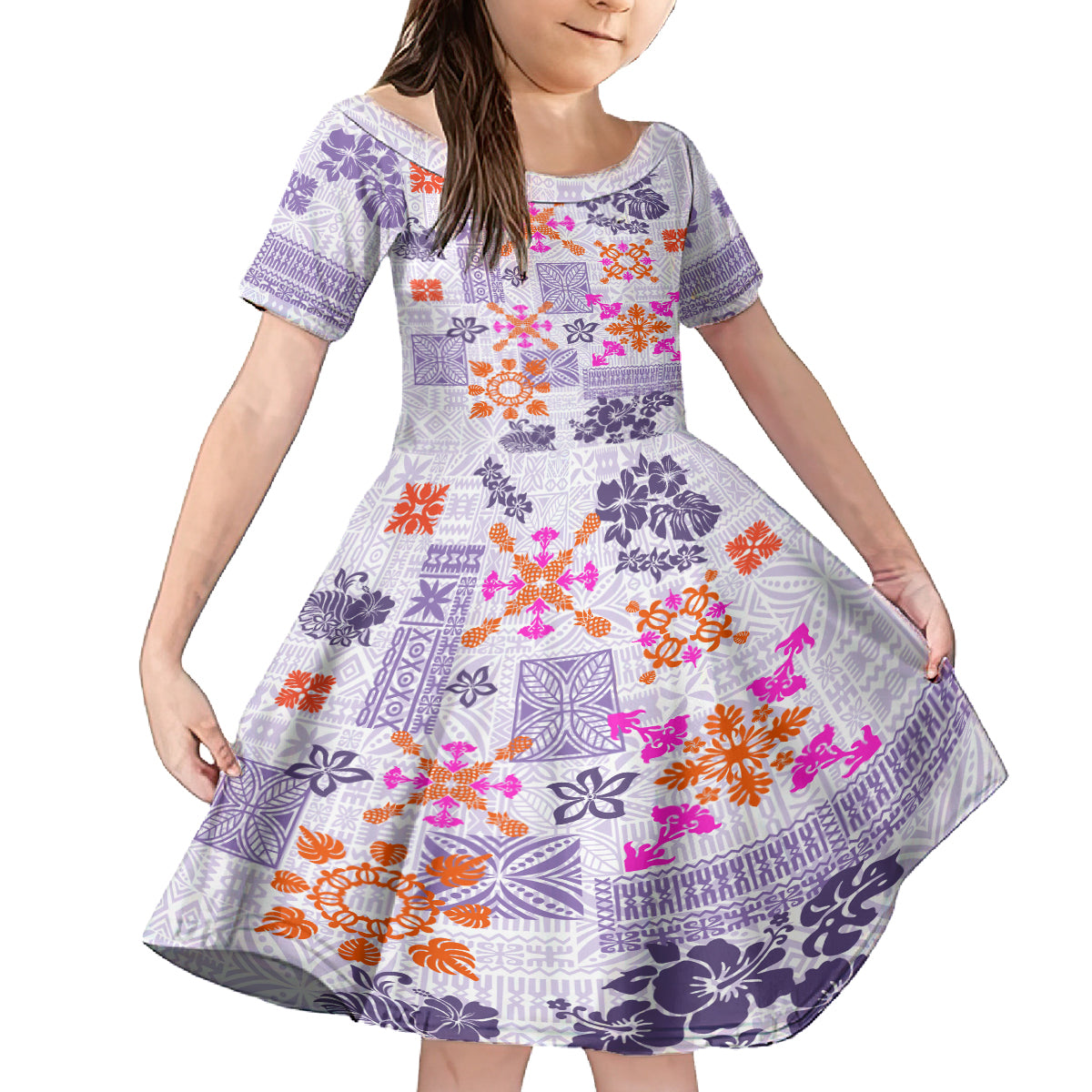 Hawaii Tapa Tribal Family Matching Off Shoulder Long Sleeve Dress and Hawaiian Shirt With Hawaiian Quilt Pattern Violet - Wonder Print Shop