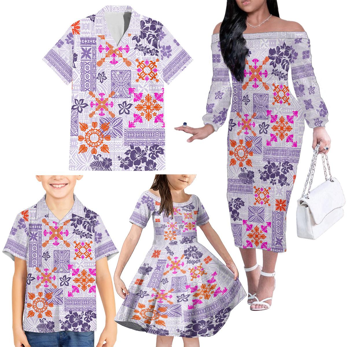 Hawaii Tapa Tribal Family Matching Off Shoulder Long Sleeve Dress and Hawaiian Shirt With Hawaiian Quilt Pattern Violet - Wonder Print Shop