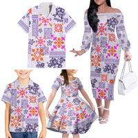 Hawaii Tapa Tribal Family Matching Off Shoulder Long Sleeve Dress and Hawaiian Shirt With Hawaiian Quilt Pattern Violet - Wonder Print Shop