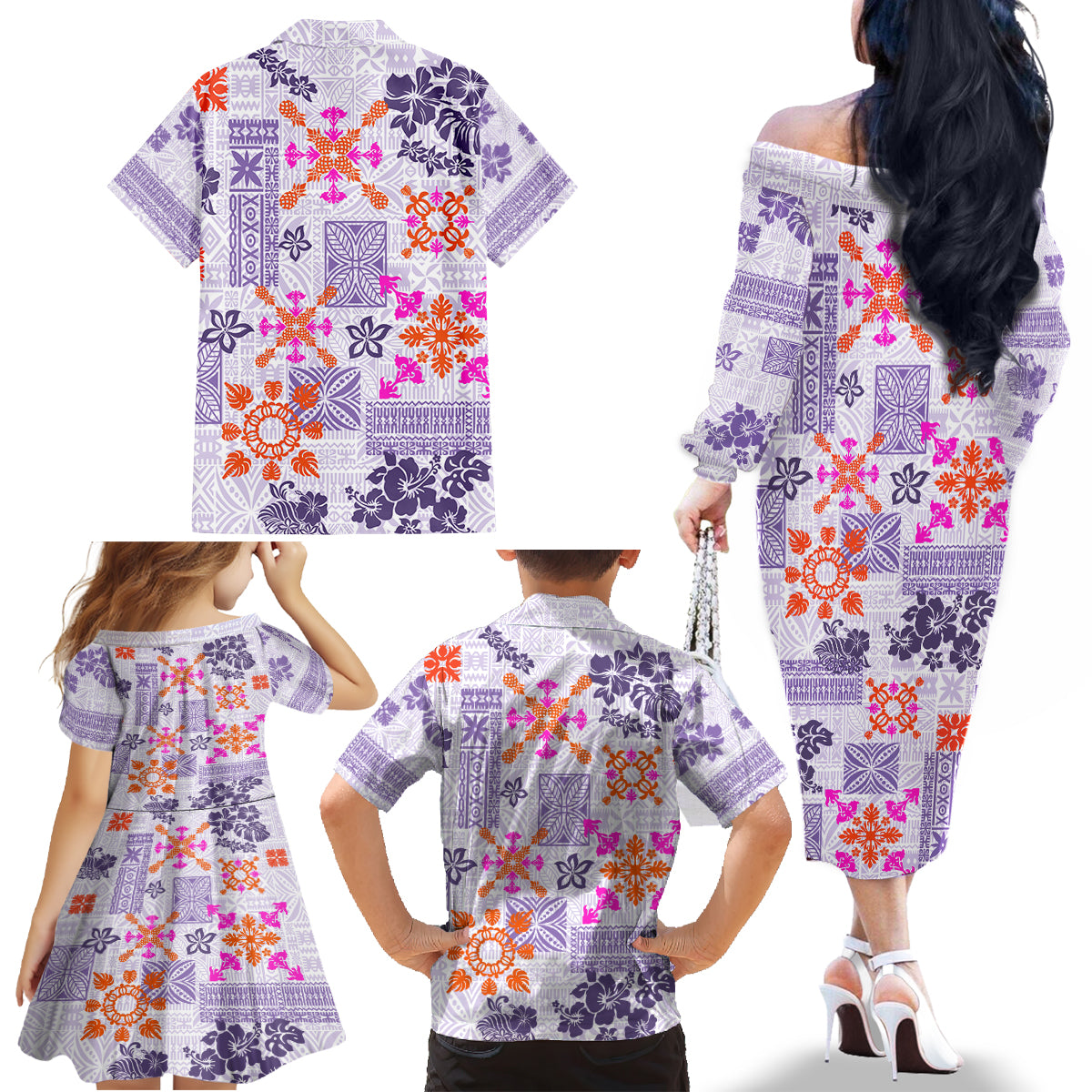 Hawaii Tapa Tribal Family Matching Off Shoulder Long Sleeve Dress and Hawaiian Shirt With Hawaiian Quilt Pattern Violet - Wonder Print Shop