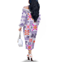 Hawaii Tapa Tribal Family Matching Off Shoulder Long Sleeve Dress and Hawaiian Shirt With Hawaiian Quilt Pattern Violet - Wonder Print Shop