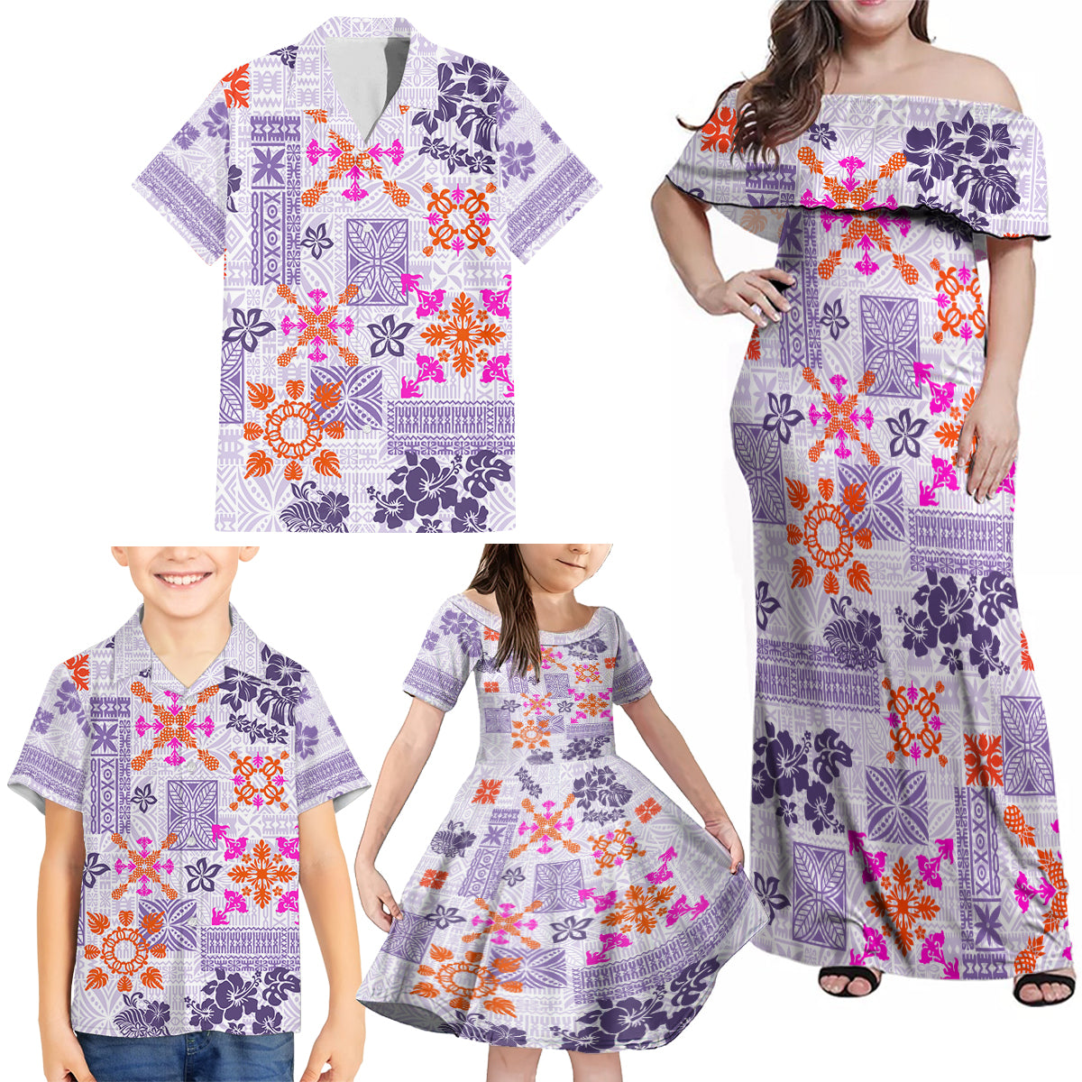 Hawaii Tapa Tribal Family Matching Off Shoulder Maxi Dress and Hawaiian Shirt With Hawaiian Quilt Pattern Violet LT9 - Wonder Print Shop