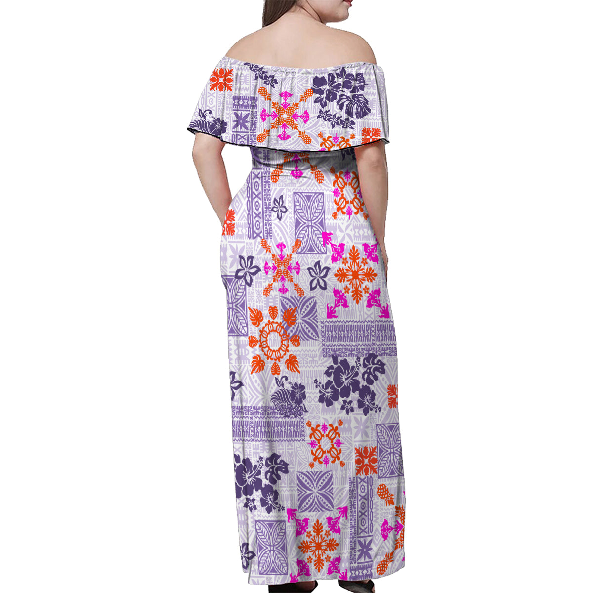 Hawaii Tapa Tribal Family Matching Off Shoulder Maxi Dress and Hawaiian Shirt With Hawaiian Quilt Pattern Violet LT9 - Wonder Print Shop