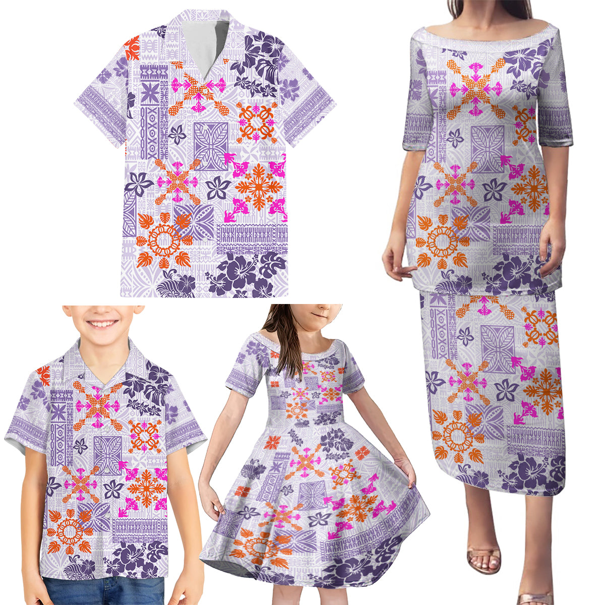 Hawaii Tapa Tribal Family Matching Puletasi Dress and Hawaiian Shirt With Hawaiian Quilt Pattern Violet - Wonder Print Shop