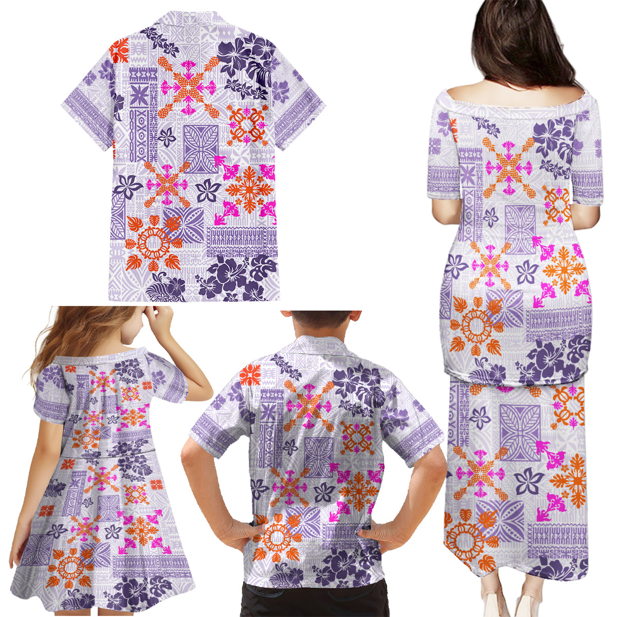 Hawaii Tapa Tribal Family Matching Puletasi Dress and Hawaiian Shirt With Hawaiian Quilt Pattern Violet - Wonder Print Shop
