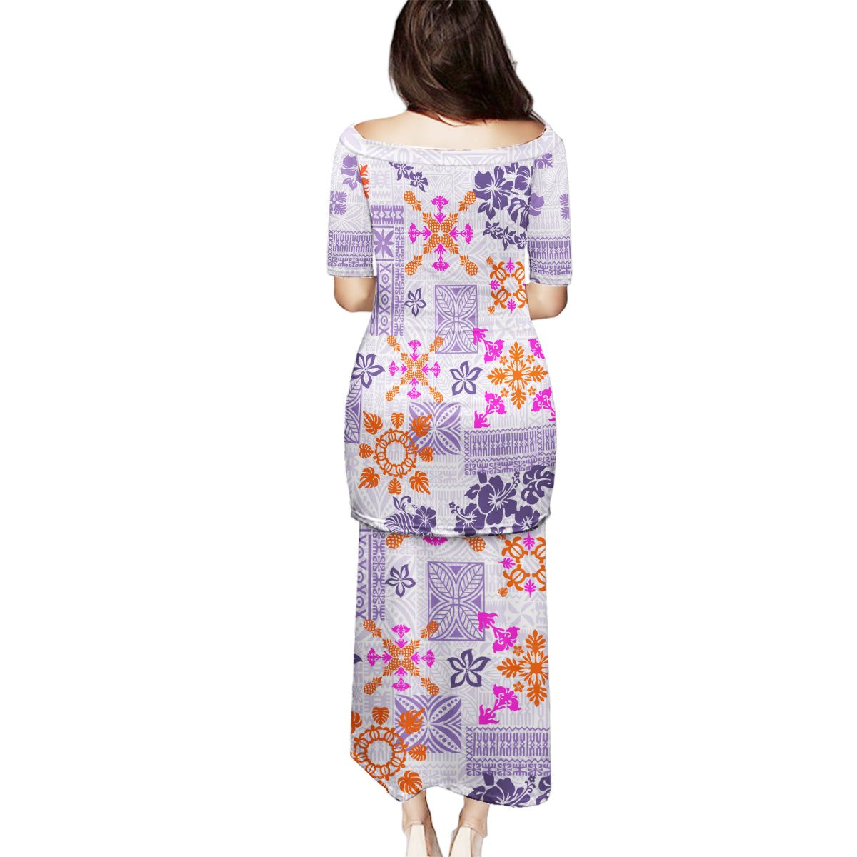 Hawaii Tapa Tribal Family Matching Puletasi Dress and Hawaiian Shirt With Hawaiian Quilt Pattern Violet - Wonder Print Shop