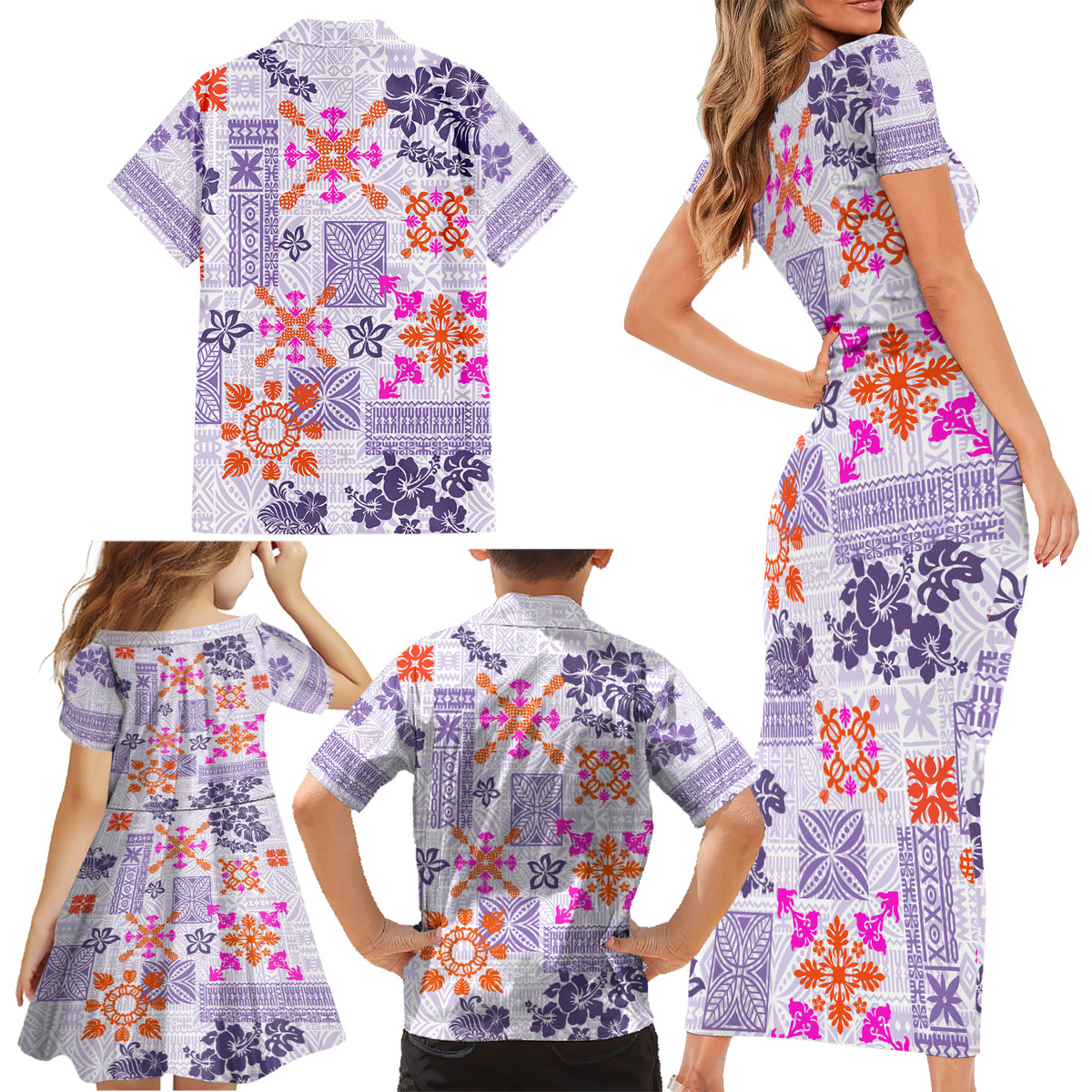 Hawaii Tapa Tribal Family Matching Short Sleeve Bodycon Dress and Hawaiian Shirt With Hawaiian Quilt Pattern Violet - Wonder Print Shop