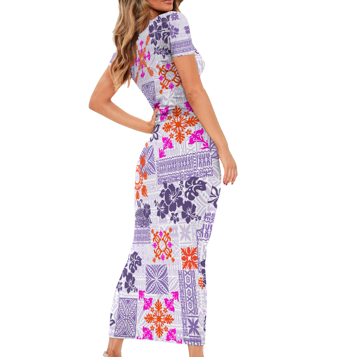 Hawaii Tapa Tribal Family Matching Short Sleeve Bodycon Dress and Hawaiian Shirt With Hawaiian Quilt Pattern Violet - Wonder Print Shop