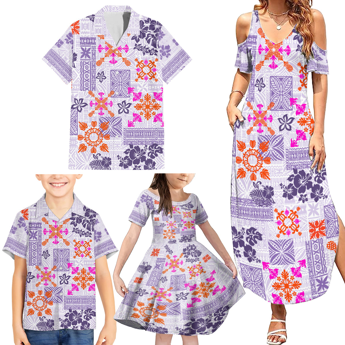 Hawaii Tapa Tribal Family Matching Summer Maxi Dress and Hawaiian Shirt With Hawaiian Quilt Pattern Violet - Wonder Print Shop