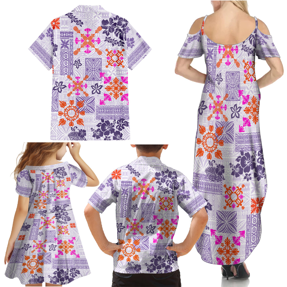 Hawaii Tapa Tribal Family Matching Summer Maxi Dress and Hawaiian Shirt With Hawaiian Quilt Pattern Violet - Wonder Print Shop