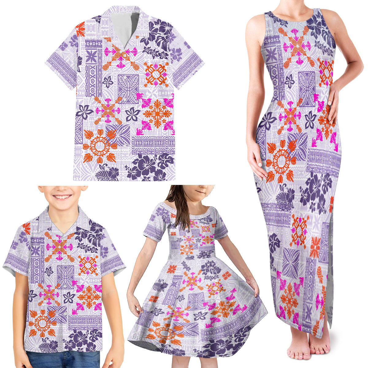 Hawaii Tapa Tribal Family Matching Tank Maxi Dress and Hawaiian Shirt With Hawaiian Quilt Pattern Violet - Wonder Print Shop