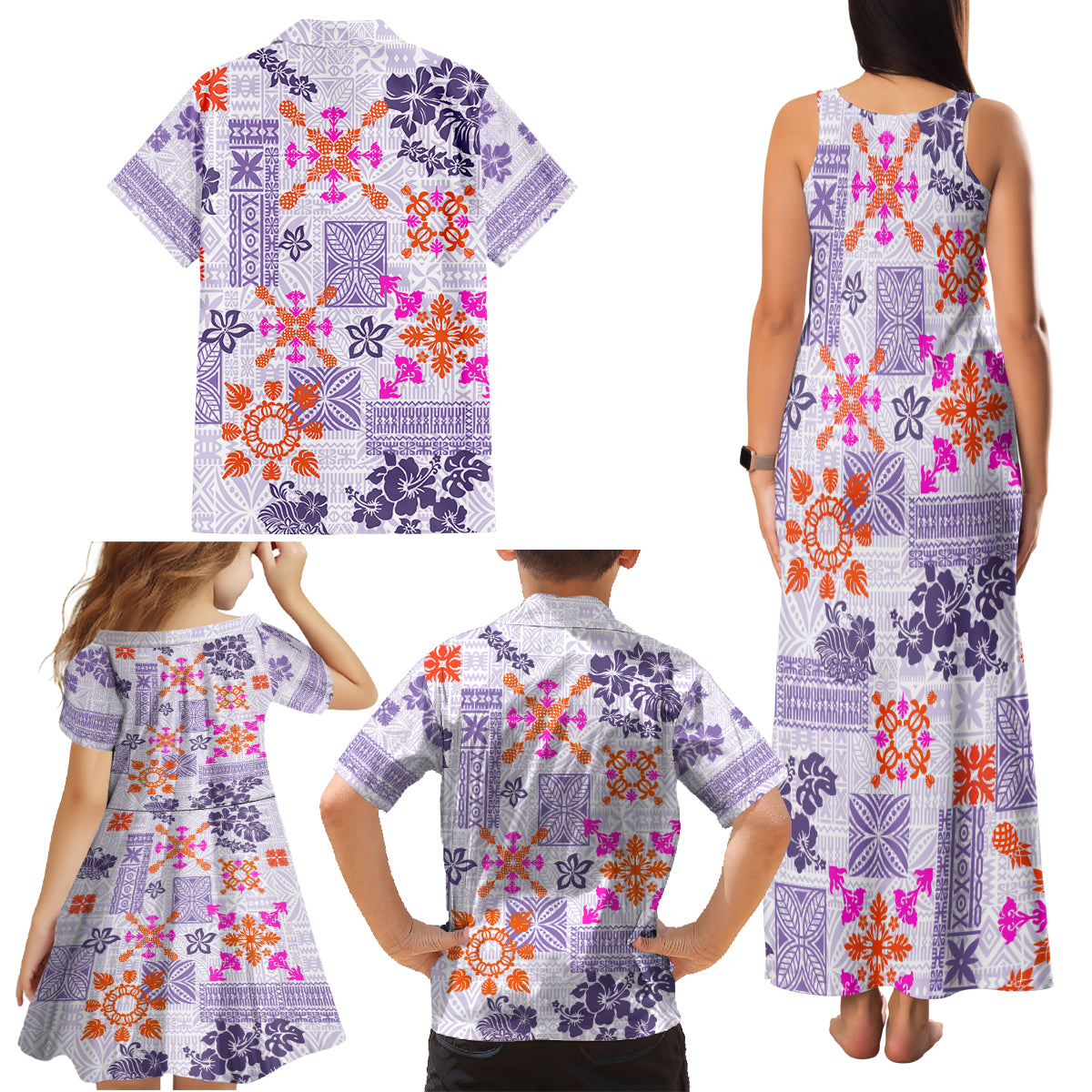 Hawaii Tapa Tribal Family Matching Tank Maxi Dress and Hawaiian Shirt With Hawaiian Quilt Pattern Violet - Wonder Print Shop