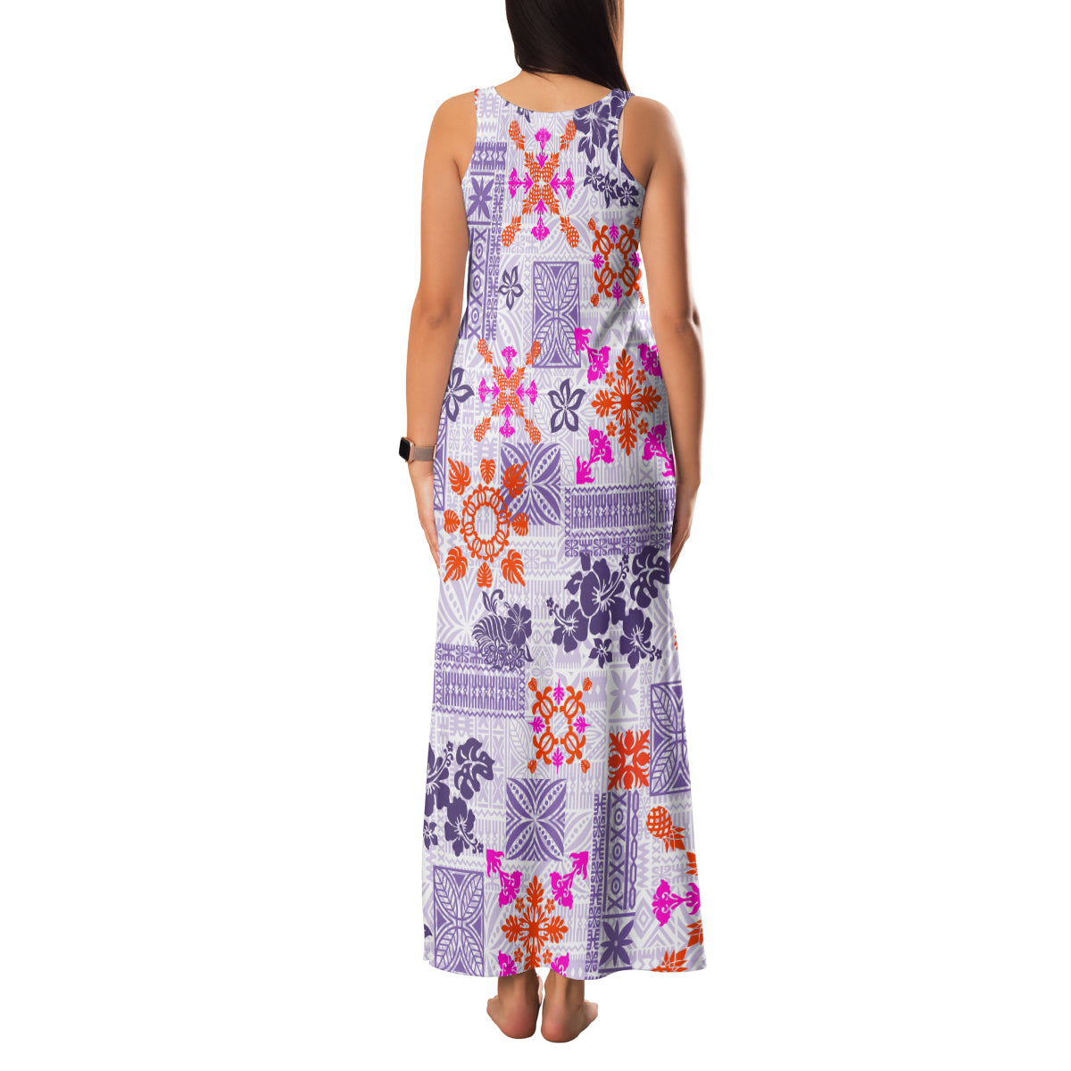 Hawaii Tapa Tribal Family Matching Tank Maxi Dress and Hawaiian Shirt With Hawaiian Quilt Pattern Violet - Wonder Print Shop