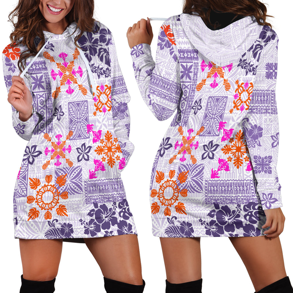 Hawaii Tapa Tribal Hoodie Dress With Hawaiian Quilt Pattern Violet - Wonder Print Shop