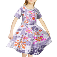 Hawaii Tapa Tribal Kid Short Sleeve Dress With Hawaiian Quilt Pattern Violet - Wonder Print Shop