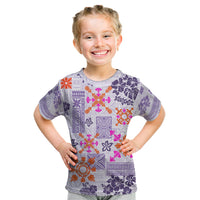 Hawaii Tapa Tribal Kid T Shirt With Hawaiian Quilt Pattern Violet - Wonder Print Shop