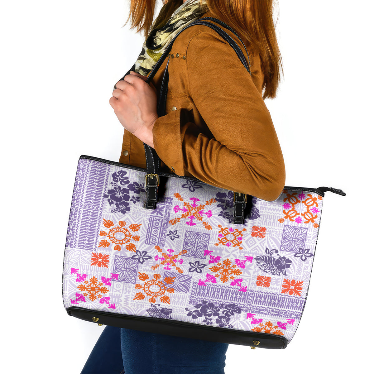Hawaii Tapa Tribal Leather Tote Bag With Hawaiian Quilt Pattern Violet - Wonder Print Shop
