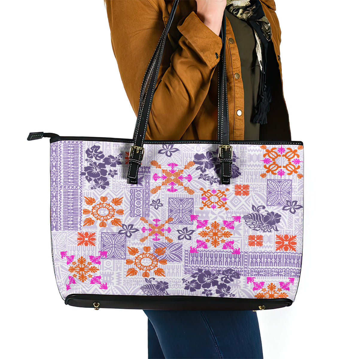 Hawaii Tapa Tribal Leather Tote Bag With Hawaiian Quilt Pattern Violet - Wonder Print Shop