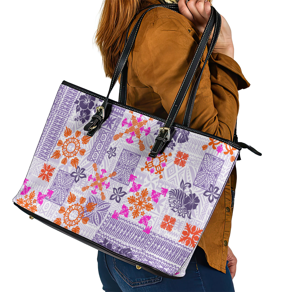 Hawaii Tapa Tribal Leather Tote Bag With Hawaiian Quilt Pattern Violet - Wonder Print Shop