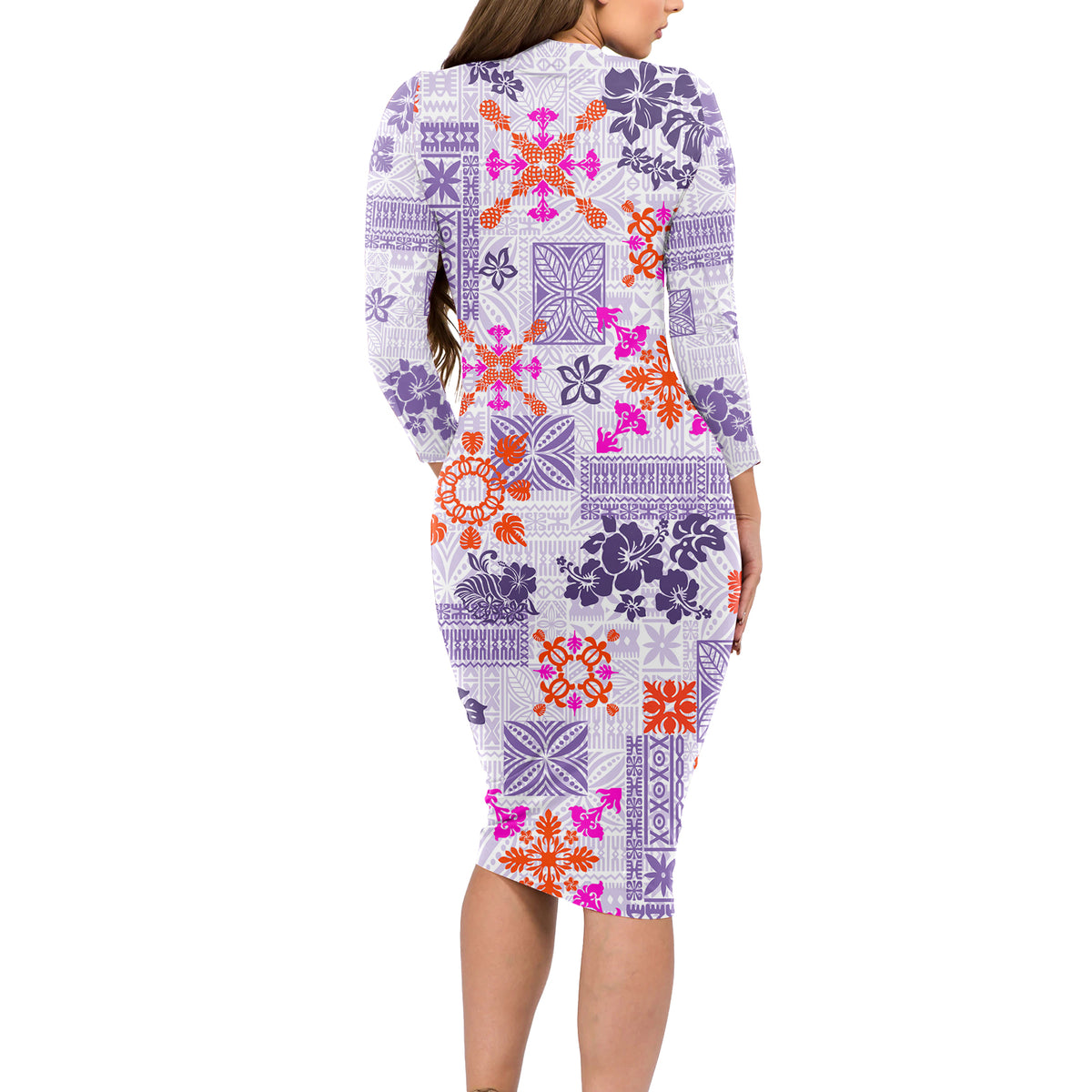 Hawaii Tapa Tribal Long Sleeve Bodycon Dress With Hawaiian Quilt Pattern Violet - Wonder Print Shop