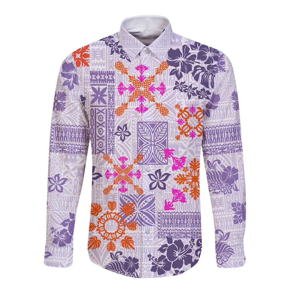 Hawaii Tapa Tribal Long Sleeve Button Shirt With Hawaiian Quilt Pattern Violet - Wonder Print Shop