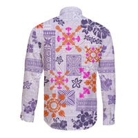 Hawaii Tapa Tribal Long Sleeve Button Shirt With Hawaiian Quilt Pattern Violet - Wonder Print Shop