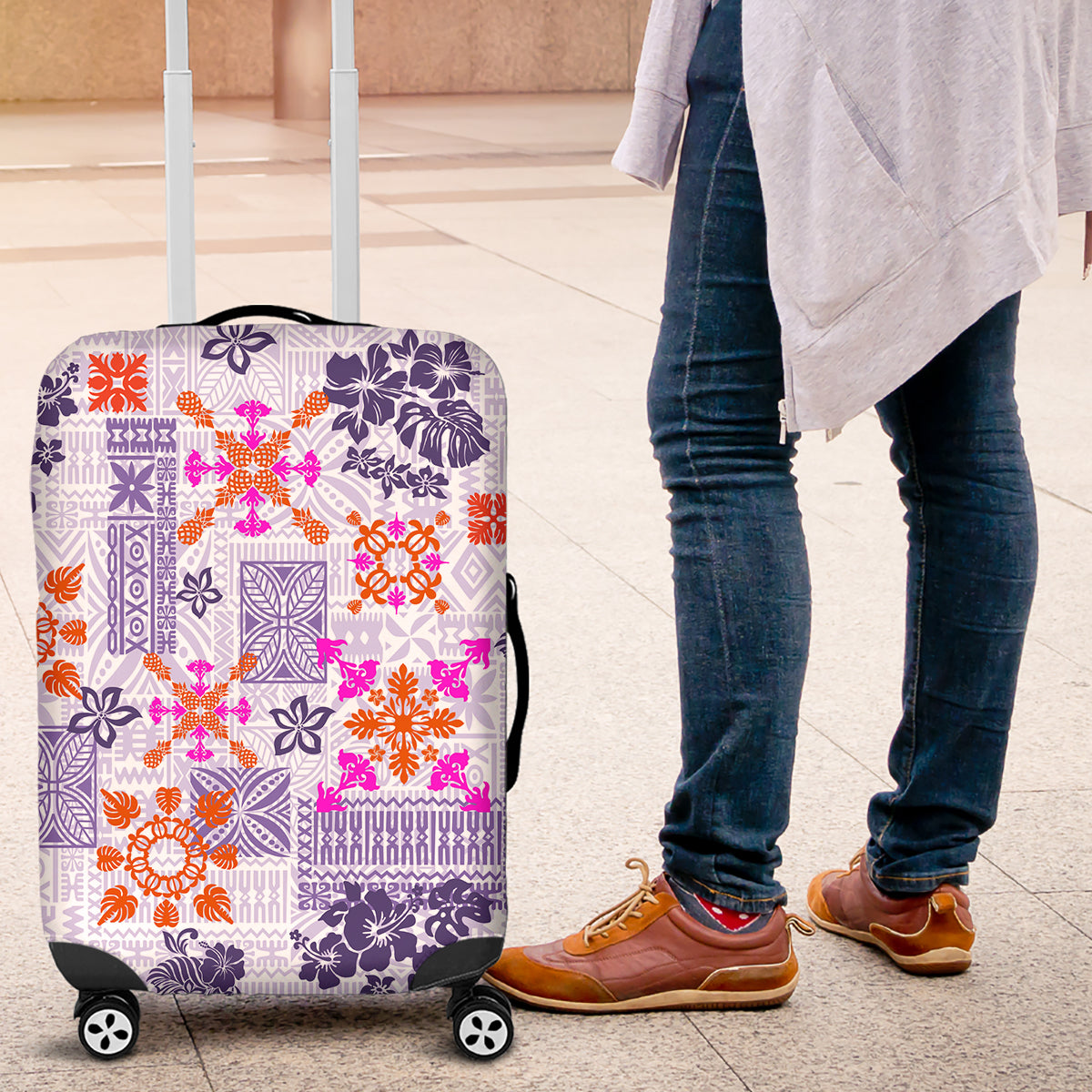 Hawaii Tapa Tribal Luggage Cover With Hawaiian Quilt Pattern Violet - Wonder Print Shop