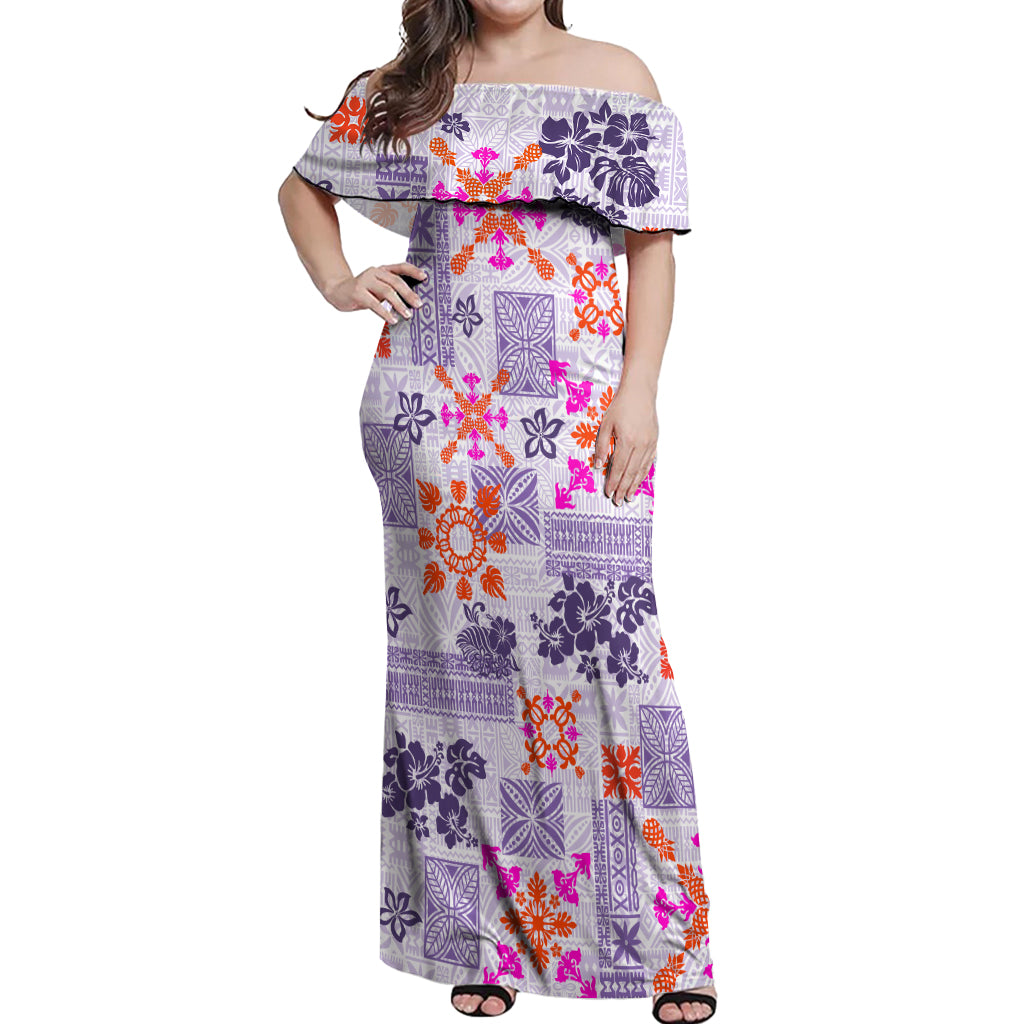 Hawaii Tapa Tribal Off Shoulder Maxi Dress With Hawaiian Quilt Pattern Violet - Wonder Print Shop
