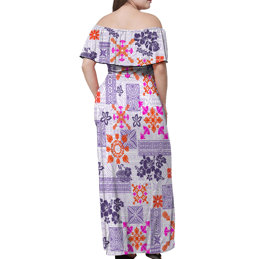 Hawaii Tapa Tribal Off Shoulder Maxi Dress With Hawaiian Quilt Pattern Violet - Wonder Print Shop