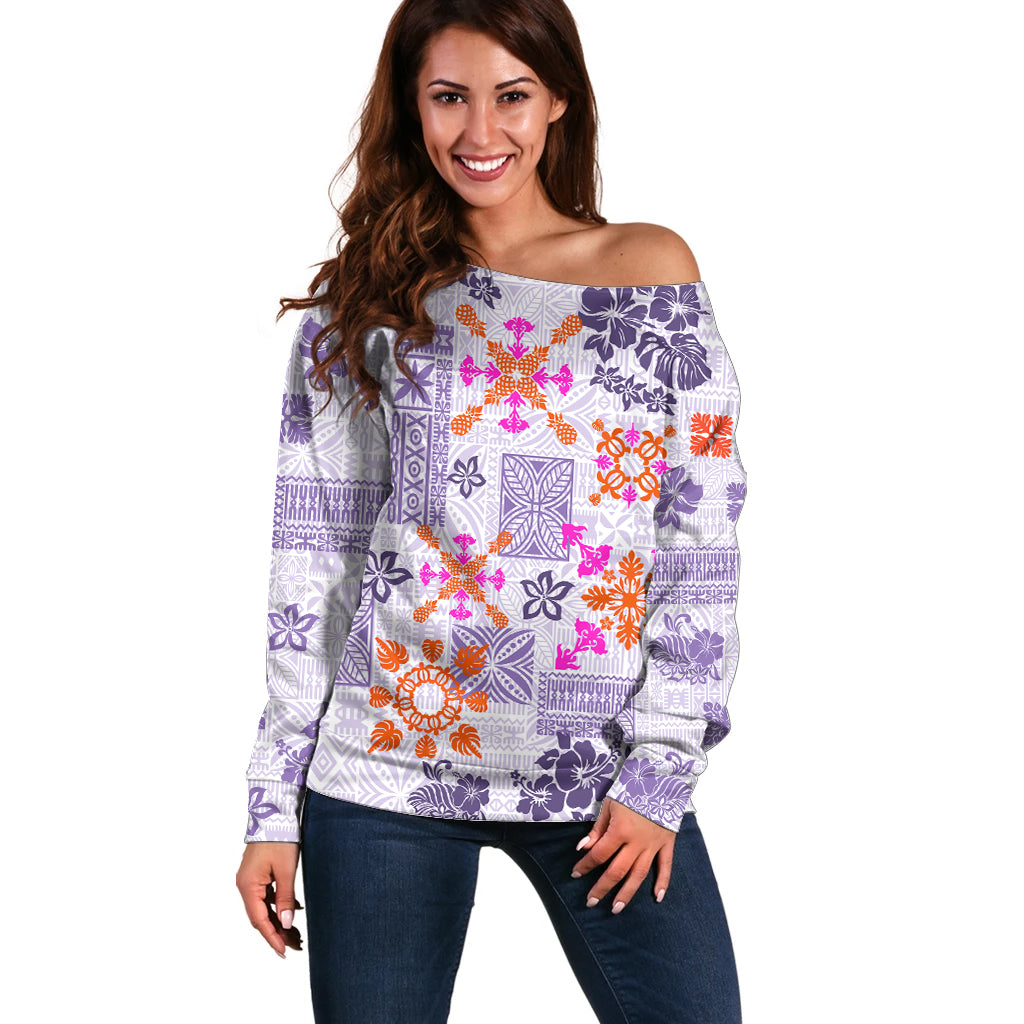 Hawaii Tapa Tribal Off Shoulder Sweater With Hawaiian Quilt Pattern Violet - Wonder Print Shop