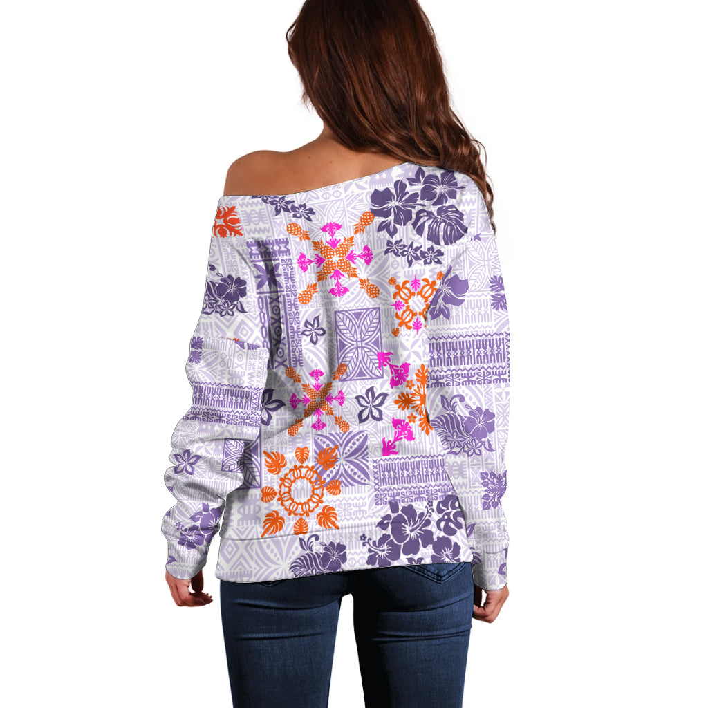 Hawaii Tapa Tribal Off Shoulder Sweater With Hawaiian Quilt Pattern Violet - Wonder Print Shop