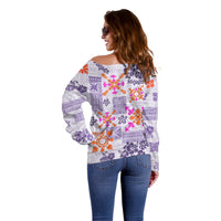 Hawaii Tapa Tribal Off Shoulder Sweater With Hawaiian Quilt Pattern Violet - Wonder Print Shop