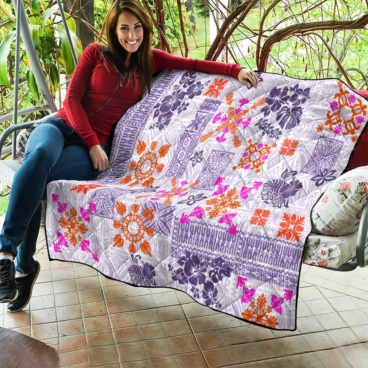 Hawaii Tapa Tribal Quilt With Hawaiian Quilt Pattern Violet - Wonder Print Shop