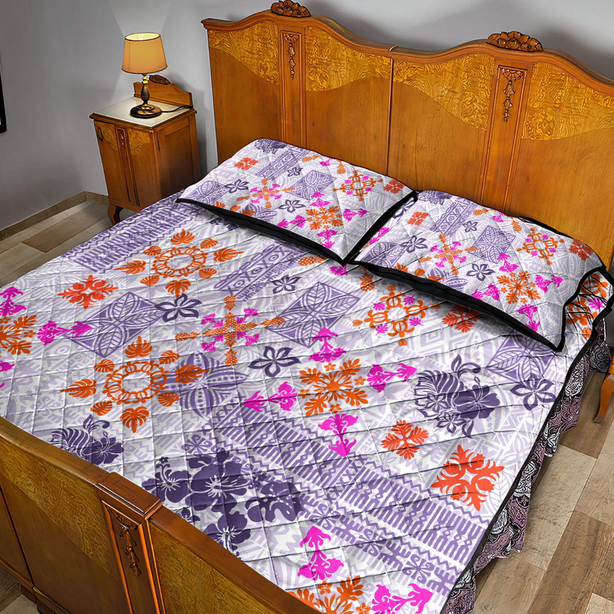 Hawaii Tapa Tribal Quilt Bed Set With Hawaiian Quilt Pattern Violet - Wonder Print Shop