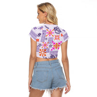 Hawaii Tapa Tribal Raglan Cropped T Shirt With Hawaiian Quilt Pattern Violet - Wonder Print Shop