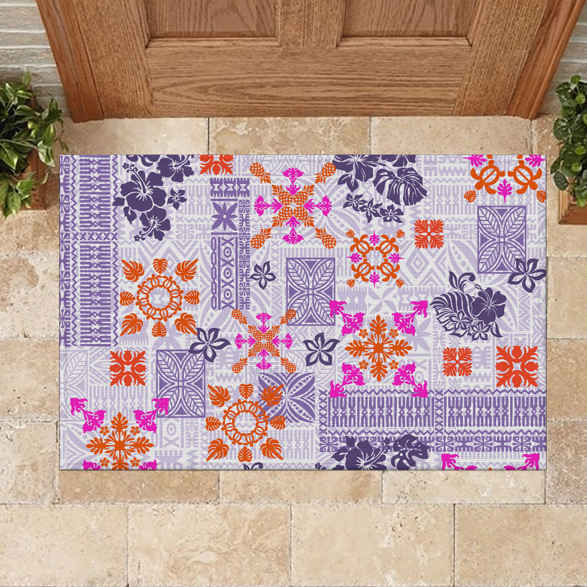 Hawaii Tapa Tribal Rubber Doormat With Hawaiian Quilt Pattern Violet - Wonder Print Shop