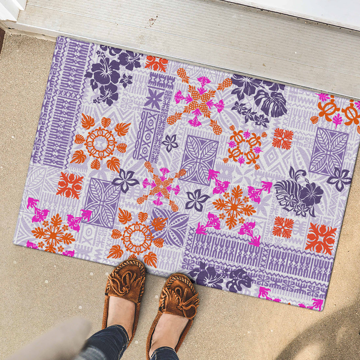 Hawaii Tapa Tribal Rubber Doormat With Hawaiian Quilt Pattern Violet - Wonder Print Shop