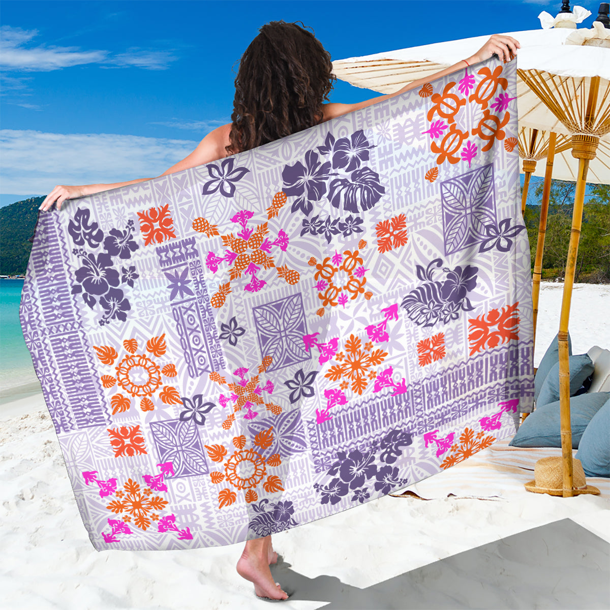 Hawaii Tapa Tribal Sarong With Hawaiian Quilt Pattern Violet - Wonder Print Shop