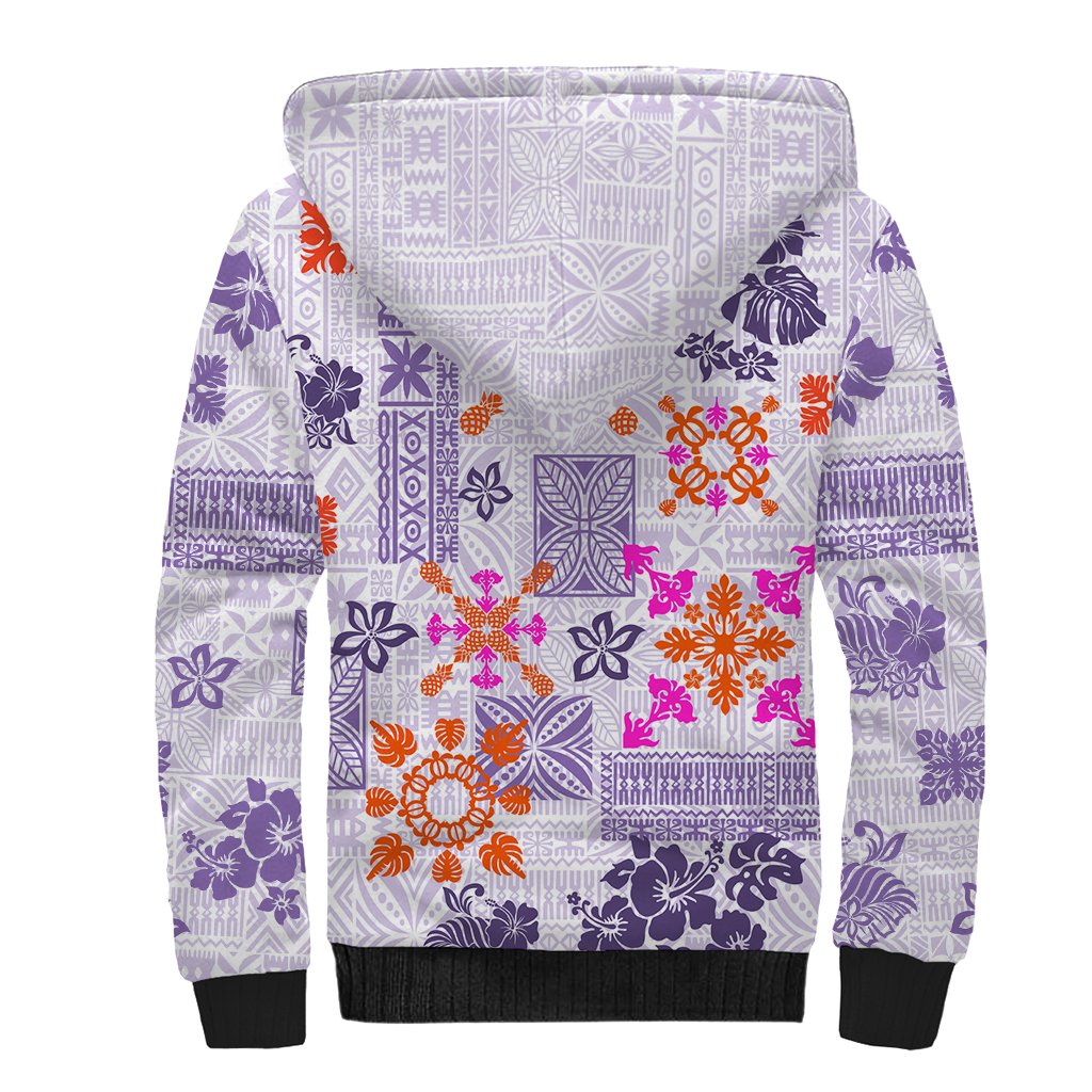 Hawaii Tapa Tribal Sherpa Hoodie With Hawaiian Quilt Pattern Violet - Wonder Print Shop